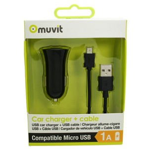 Chargeur de voiture Spring 1USB 1A + Cable micro USB 1A 1m Noir