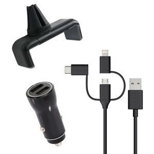 MUVIT PACK 3EN1 CHARGEUR VOITURE 2 USB-A + CABLE 3EN1 + SUPPORT GRILLE Noir
