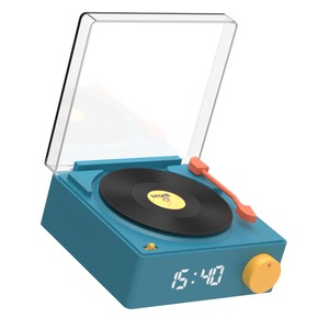 ENCEINTE BLUETOOTH RETRO LOOK PLATINE VINYLE REVEIL SMART Bleu