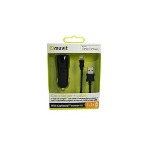 Chargeur de voiture Spring 2USB 2A + Cable Lightning MFI 1m Noir